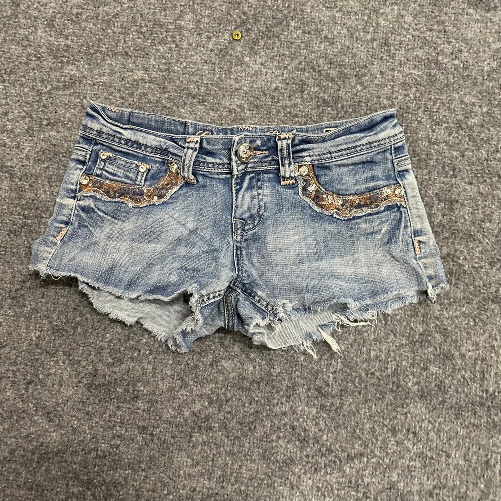 Grace in LA Denim Shorts Womens Size 25 Blue Sequin Leopard Trim Frayed Hem Y2K